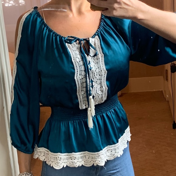 BEBE satin boho crotchet blouse - Picture 3 of 9